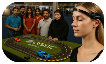 Guest wearing brainwave headband racing a slot car using mind control at a Dubai tech event. Interactive, hands-free game rental for events and exhibitions